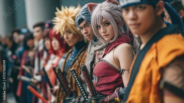 Obraz Group of people wearing a cosplay outfit of different anime characters posing at anime exhibition