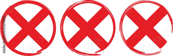 Fototapeta Three red x marks in circles hand drawn style on transparent background