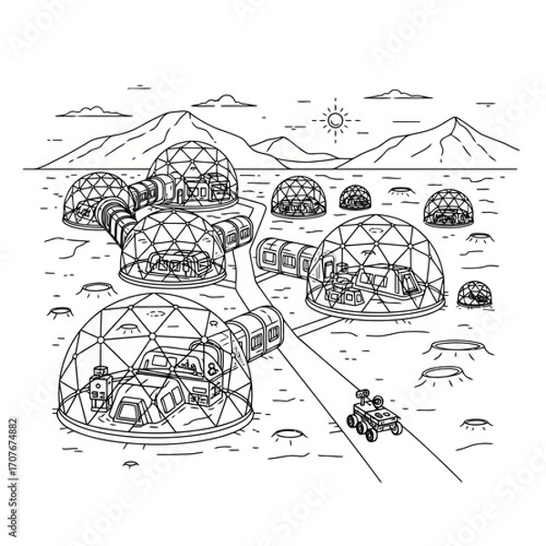 Obraz Futuristic space colony domes and rover on alien planet vector illustration vector