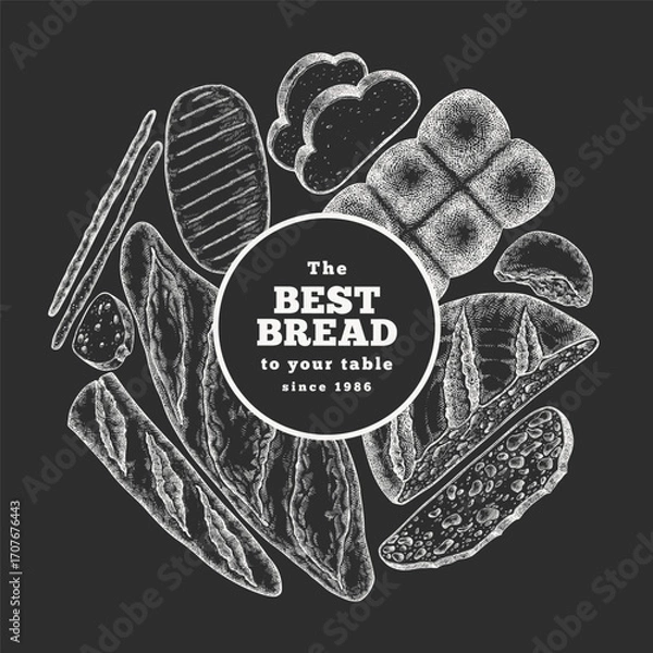 Fototapeta Hand Drawn Vector Bakery Chalk Board Illustration. Not AI Generated. Retro Bread Kinds Design Template. Old School Baking Products