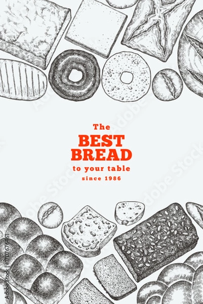 Fototapeta Hand Drawn Vector Bakery Illustration. Not AI Generated. Retro Bread Kinds Design Template. Old School Baking Products