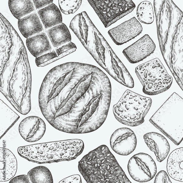 Fototapeta Hand Drawn Vector Bakery Seamless Pattern. Not AI Generated. Retro Bread Kinds Background. Old School Baking Products Illustration