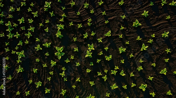 Fototapeta A top-down aerial view of a field showing rows of small green plants sprouting from rich, dark brown soil. The ground has distinct furrows, and the sunlight creates sharp shadows.