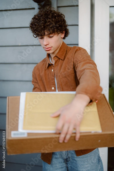 Fototapeta A young individual stands at the entrance of a home, holding a package. They have curly hair and are dressed in a brown shirt. The setting suggests a casual afternoon delivery.