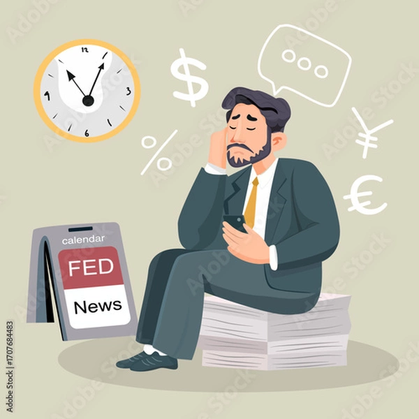 Fototapeta Businessman thinking about Federal Reserve economic news, Vector illustration of a businessman sitting on documents, looking thoughtful with Fed news, clock, and currency symbols around. 