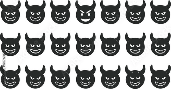 Fototapeta A collection of twenty one black devil emojis arranged in a rectangular grid pattern on a white background
