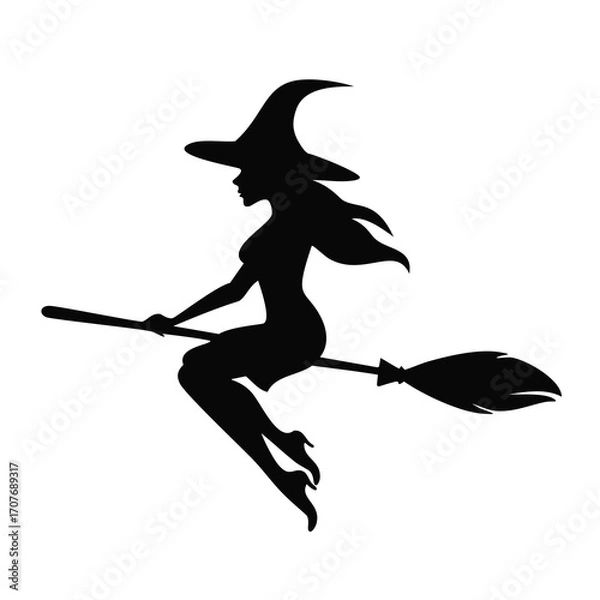 Obraz Witch Silhouette Flying on Broomstick with Flowing Hair