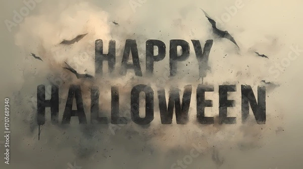 Fototapeta Der Text Happy Halloween in grau und schwarz mit Fledermäusen.