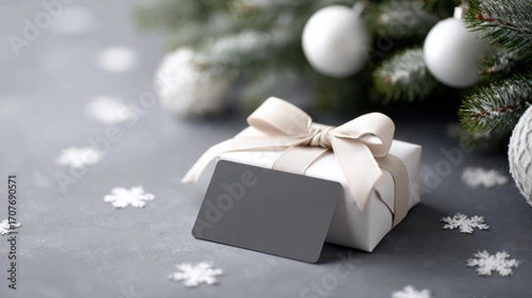Fototapeta Elegant christmas gift box with blank card mockup for sustainable holiday celebration. White ornaments and snowflake confetti create serene and festive winter scene