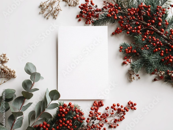 Fototapeta Festive blank card mockup for sustainable christmas greeting. Natural eucalyptus and red berry surround paper with elegant decoration for joyful holiday message