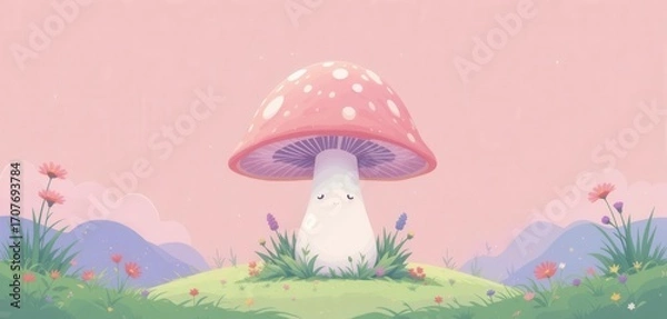 Fototapeta Dreamy flat vector art of a cute mushroom in soft pastel colors, embodying a minimalist and simple design.