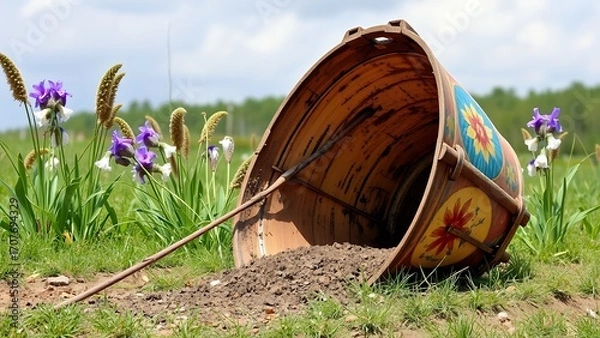 Fototapeta Vintage Bucket Upcycled into Flower Planter in Field