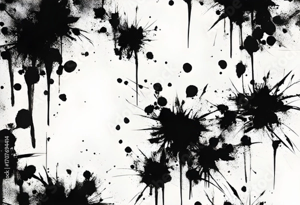 Fototapeta Abstract black ink splatters on a white