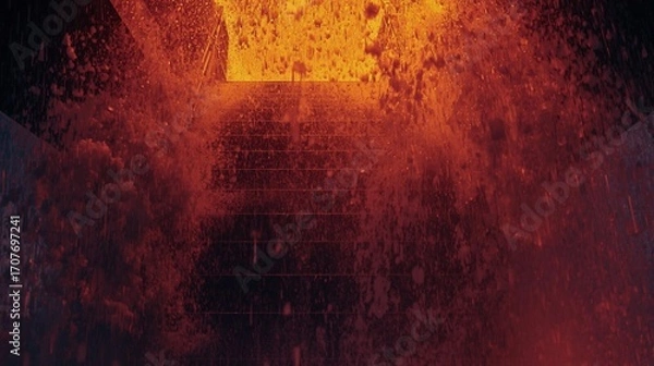 Obraz ゲリラ豪雨と歩道橋｜ネオンに照らされる滝のような水しぶき