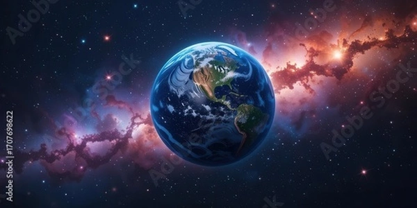 Fototapeta Showcase earth in space among colorful nebulae and stars, making it a beautiful and dramatic setting.