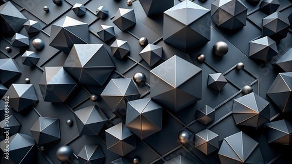 Fototapeta Dark geometric abstraction with varying cubic and spherical shapes arranged densely