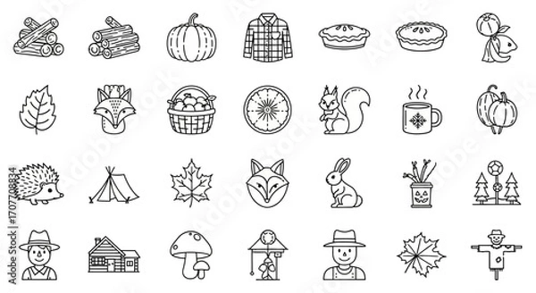 Fototapeta A collection of outlined autumn themed icons including logs, pumpkin, shirt, pie, mouse, leaf, fox, basket, wheel, squirrel, mug, hedgehog, tent, maple, rabb...