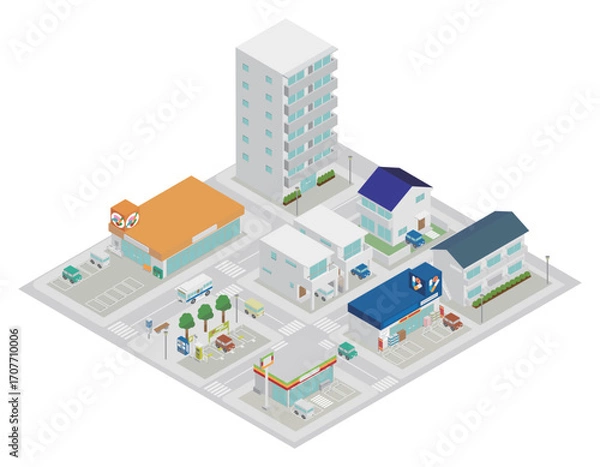 Fototapeta アイソメトリックな商業施設と住宅の街並みのイメージ素材