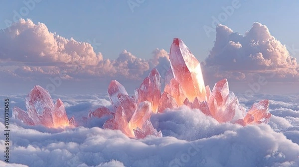 Fototapeta Pink crystal peaks float on soft clouds