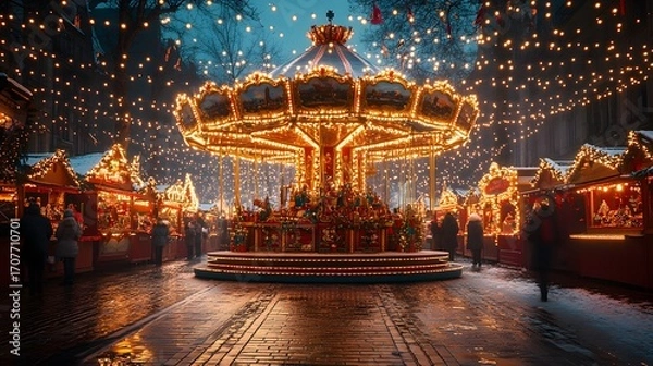 Fototapeta Brightly lit carousel at a bustling Christmas market in the evening with festive decorations and holiday shoppers