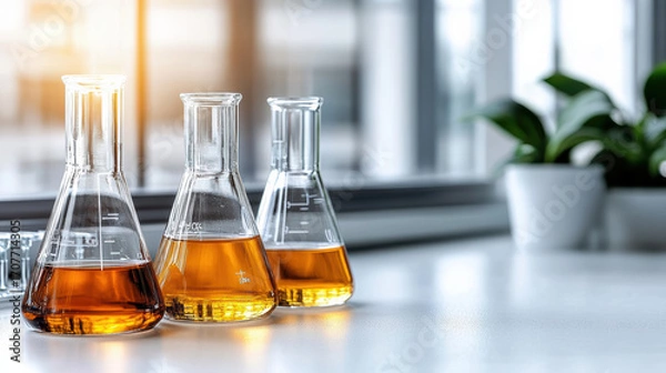 Fototapeta Close up of science beakers with colorful liquids reflecting sunlight in laboratory setting