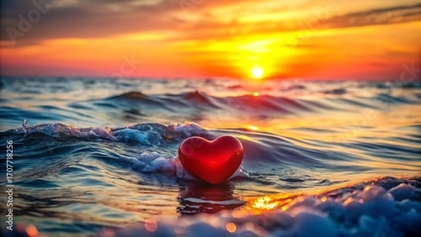 Fototapeta A vibrant sunset over the ocean with a red heart in the foreground