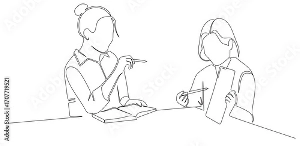 Fototapeta Continuous line art of two female students holding paper and pens and books in front of them while having a dialogue. The concept of a student studying.