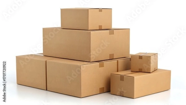 Fototapeta A stack of various sized cardboard boxes on a white surface