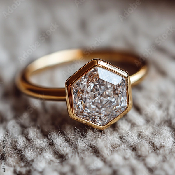 Fototapeta Elongated Hexagon Cut Diamond Ring in East to West Bezel Setting on White Background