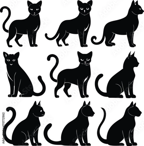 Fototapeta Black Cat Silhouettes: Vector Illustrations in Various Poses