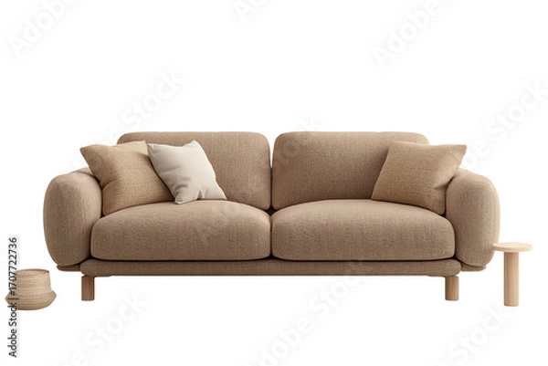 Fototapeta Cozy and modern beige sofa with cushions, perfect for inviting living spaces and relaxation.