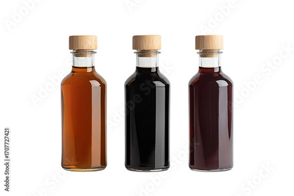 Fototapeta Three bottles of assorted sauces on a white isolated background.