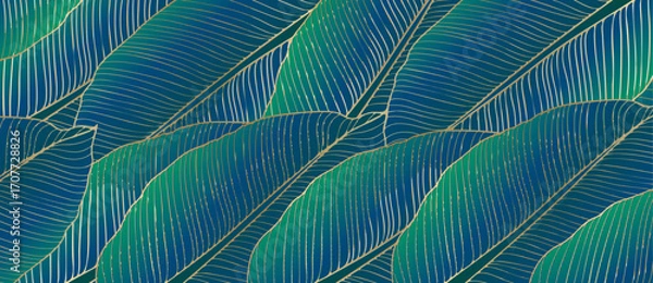 Fototapeta Banana leaves luxury tropical abstract background. Thin golden lines botanical design.