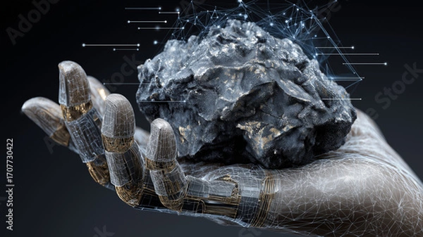 Fototapeta Robotic hand holds piece of raw mineral ore, symbolizing intersection of technology and natural resources. digital network overlay suggests data analysis in mining
