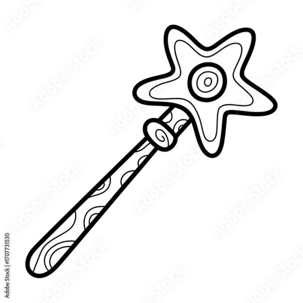 Fototapeta Cartoon magic wand with a star top, an outline illustration for a children's coloring book page, isolated vector graphic.