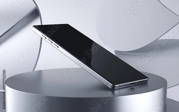 Obraz Sleek modern smartphone with a black screen resting on a metallic pedestal against a minimalist abstract background