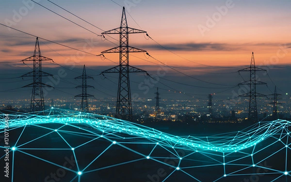 Obraz Futuristic digital network overlaying a power grid at sunset symbolizing smart energy and technological advancement