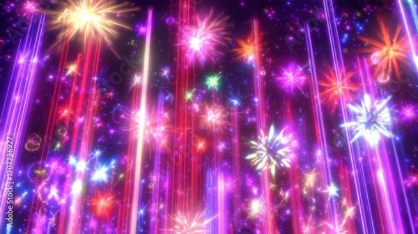 Fototapeta 3D neon abstract background with colorful fireworks, glowing lines and falling stars, dynamic meteor effects, vibrant light, celebration, futuristic, party, festive and digital concept design
