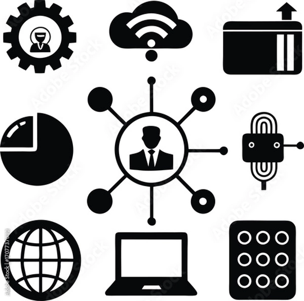 Fototapeta Black Icon Set: Business, Technology, Network, Data, and Cloud