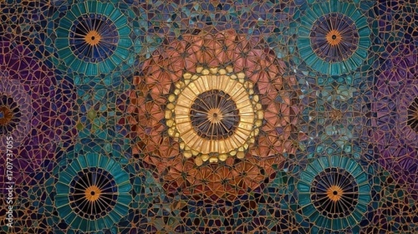 Fototapeta Intricate Moroccan zellige tile pattern, jewel-toned symmetry, luminous glaze effect