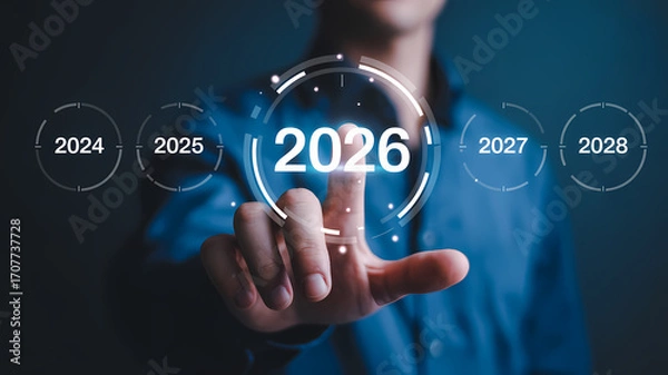 Fototapeta Futuristic Digital Interface Timeline Showcasing Years 2024 2025 2026 2027 2028 for Innovation Progress and Technology Trends
