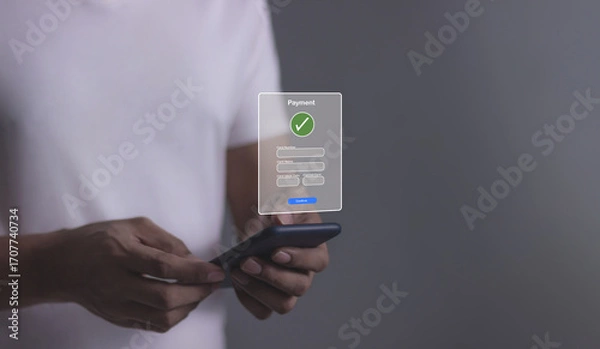 Fototapeta Young Man Hand Using Smartphone For Mobile Payment, Online payment, Digital, and Online shopping, Bank account phone, Mobile banking