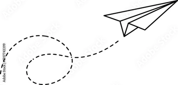 Fototapeta Simple black and white paper airplane with a dotted flight path on transparent background