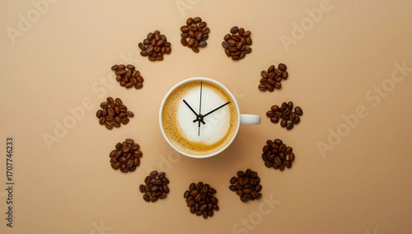 Fototapeta unique clock with coffee in the middle with coffee beans around it
