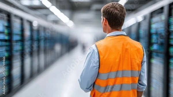 Fototapeta A technician in an orange safety vest stands in a long data center aisle, observing rows of server racks with glowing blue lights, emphasizing technology and infrastructure.