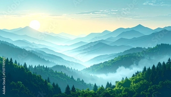 Obraz Serene sunrise over misty, layered mountain range, lush green forests below.