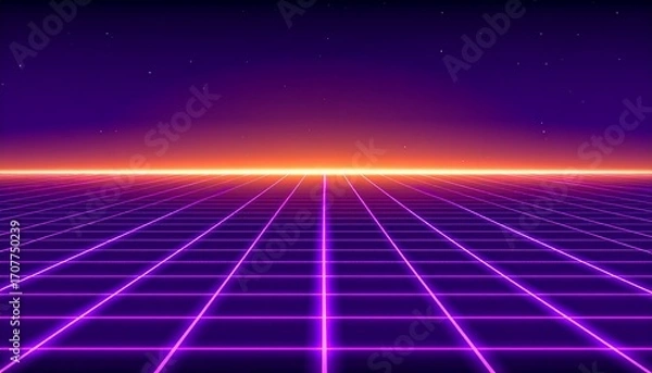 Fototapeta Retrofuturistic gridded landscape with vibrant neon lines.