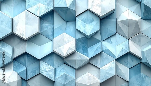 Fototapeta Abstract geometric background featuring a textured surface of light blue, white, and gray hexagonal shapes in a repeating pattern.