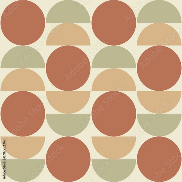 Fototapeta Mid century modern abstract circles and half circles seamless pattern in Terracotta, sage green and tan on beige background. For Posters, wallpaper and home décor