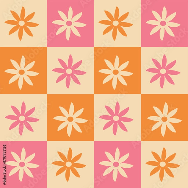 Fototapeta Checkered Retro 70s flowers seamless pattern in orange and pink. For Fabric, Stationary and wrapping paper.